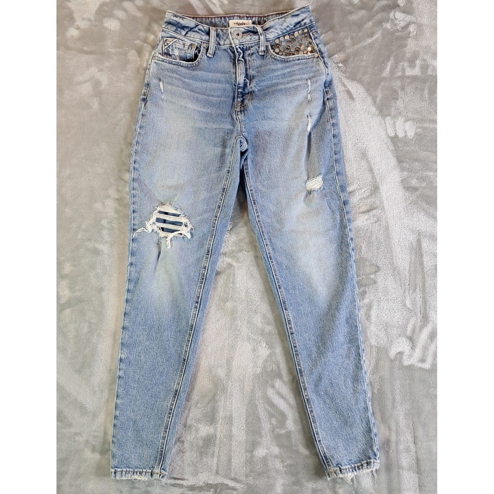 Edgely Womens 2 90s Taper High Rise Distressed Studded Pocket Light Wash Jeans